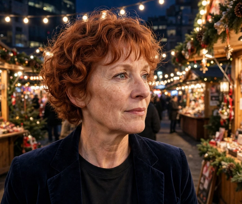 Cranberry copper short curls with wispy bangs at a Christmas market