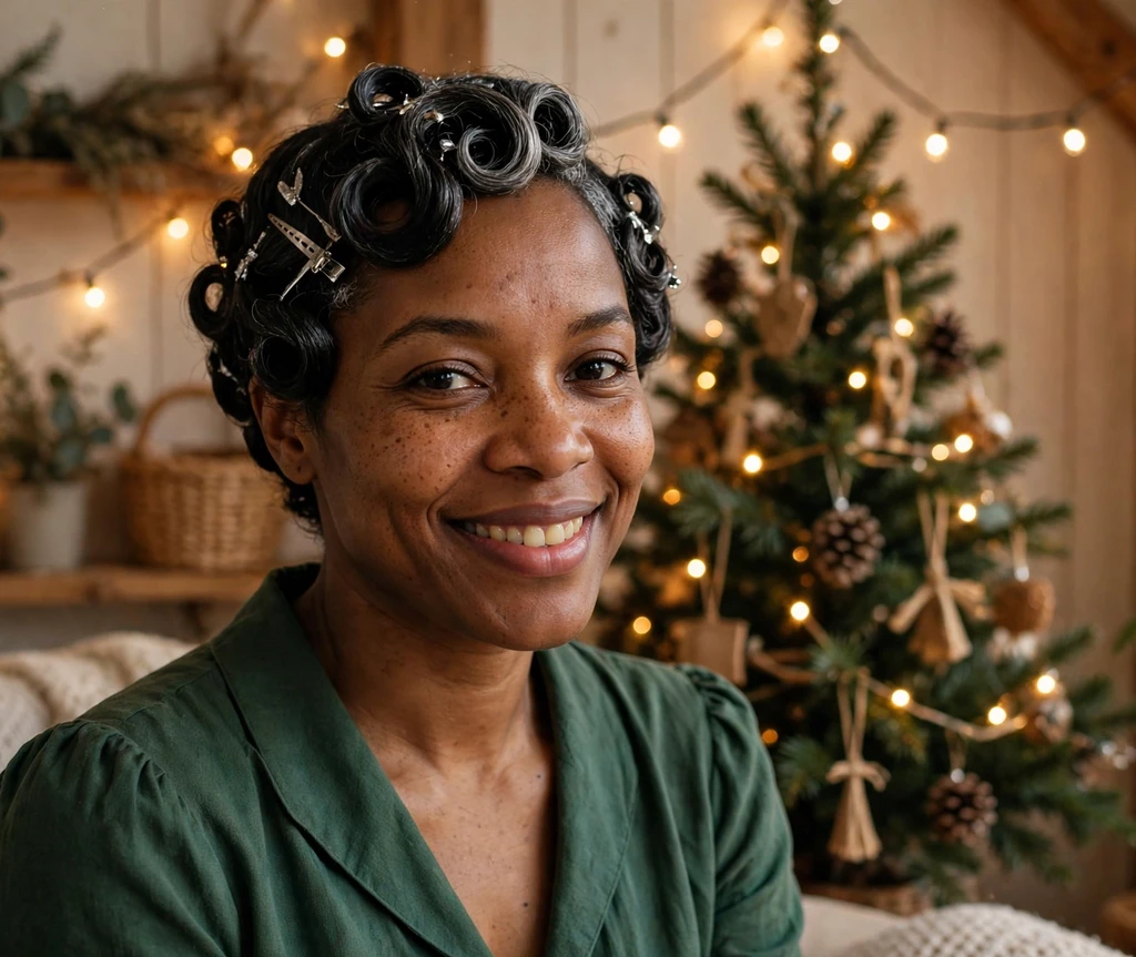 Peppermint pincurl pixie with silver accents under fairy lights