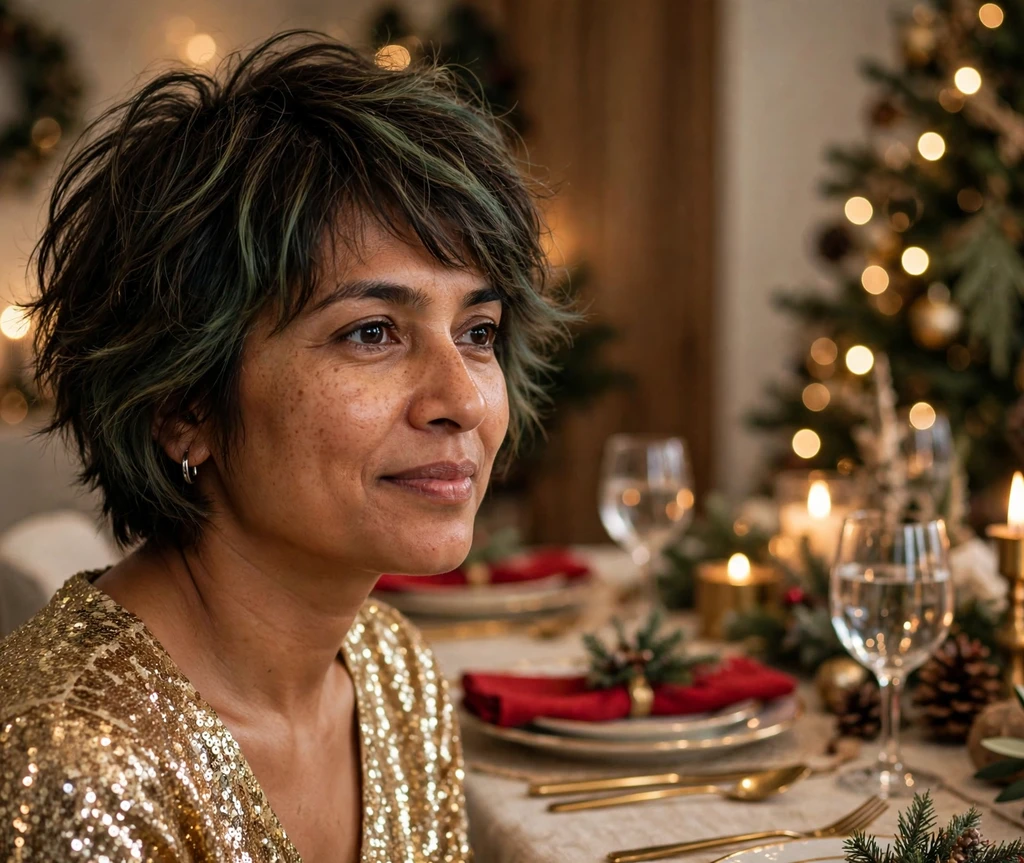 Evergreen balayage short shag at a Christmas dinner table