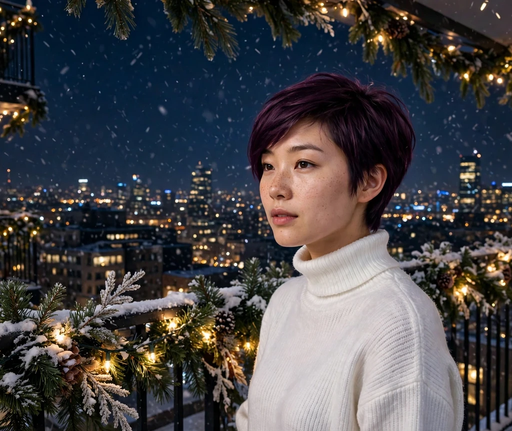 Sugarplum side-swept pixie on a snowy Christmas balcony