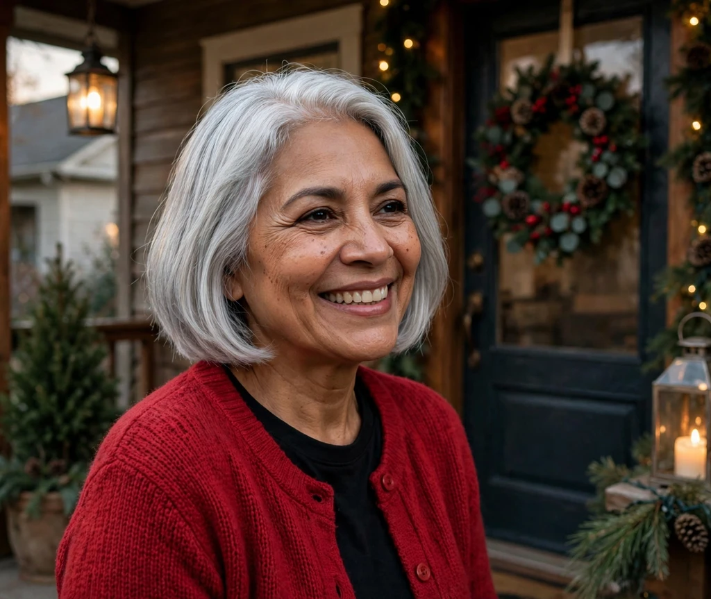 Silver-bell platinum chin bob on a decorated Christmas porch