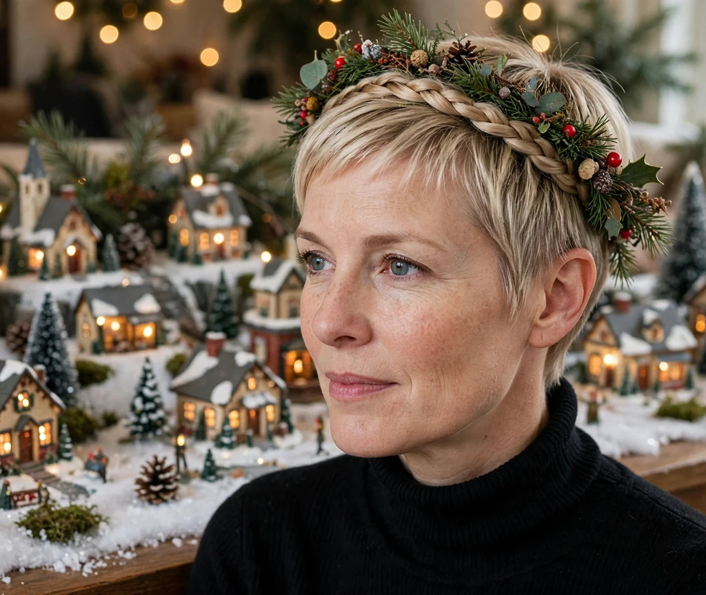 Garland braid-crown pixie with holiday greenery at a Christmas village