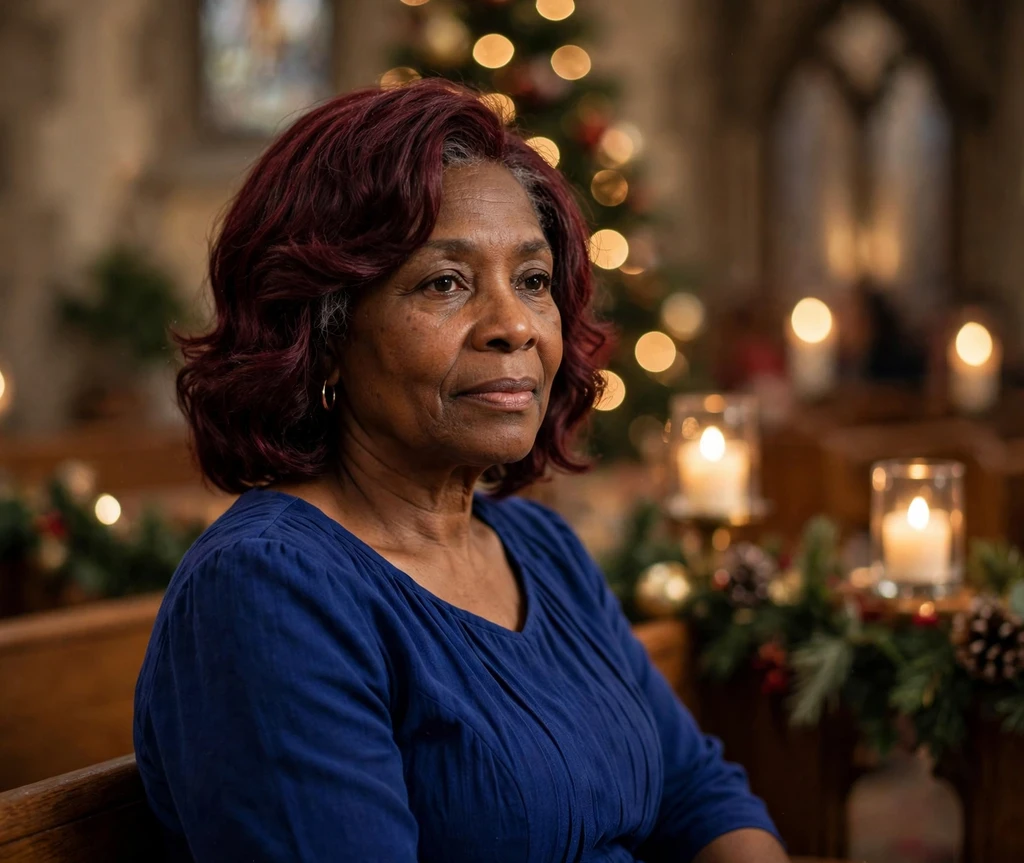 Mulled-wine burgundy lob with soft waves at a Christmas service