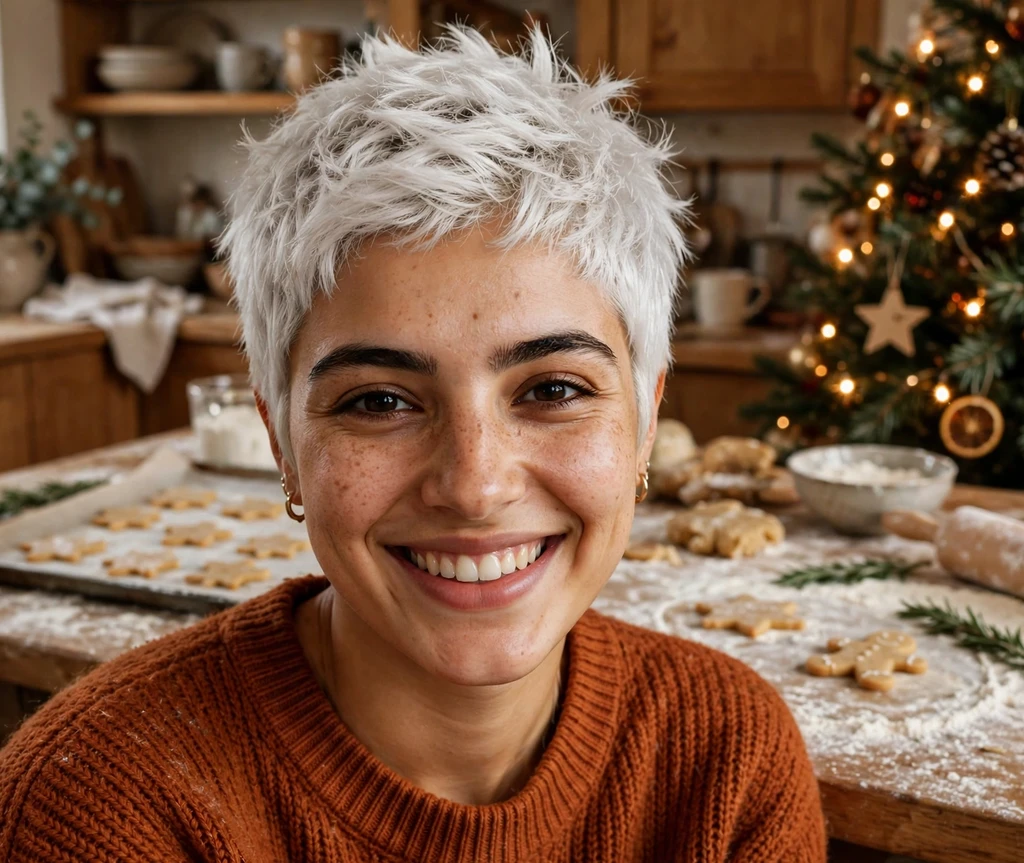 Snow-kissed white textured pixie while baking Christmas cookies