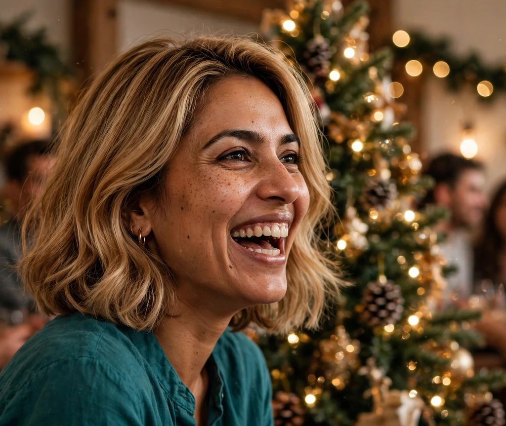 Gingerbread blonde layered bob laughing at a Christmas party