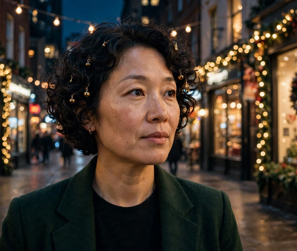 Jingle-bell curly bob with gold bell clips on a Christmas city street