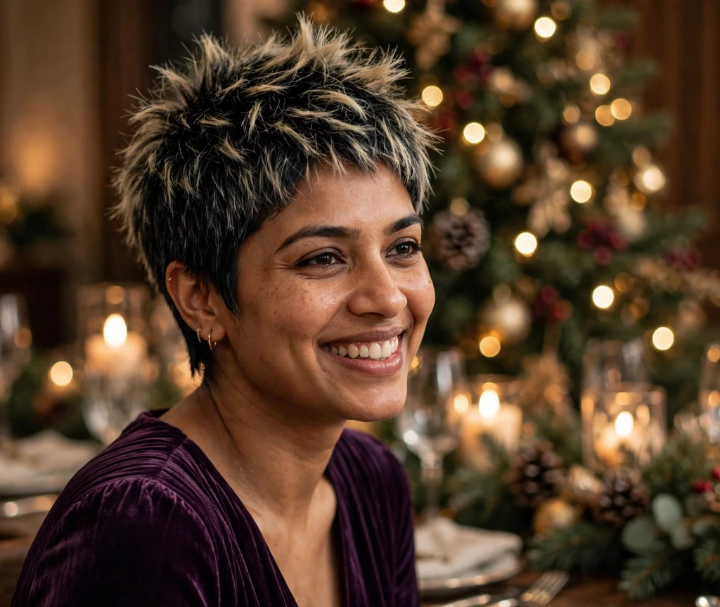 Frosted-tips spiky pixie at a Christmas Eve dinner party