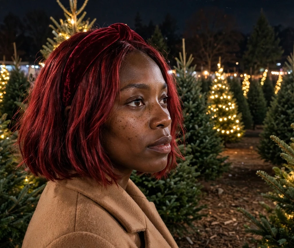 Winter-berry bob with burgundy velvet headband at a Christmas tree lot