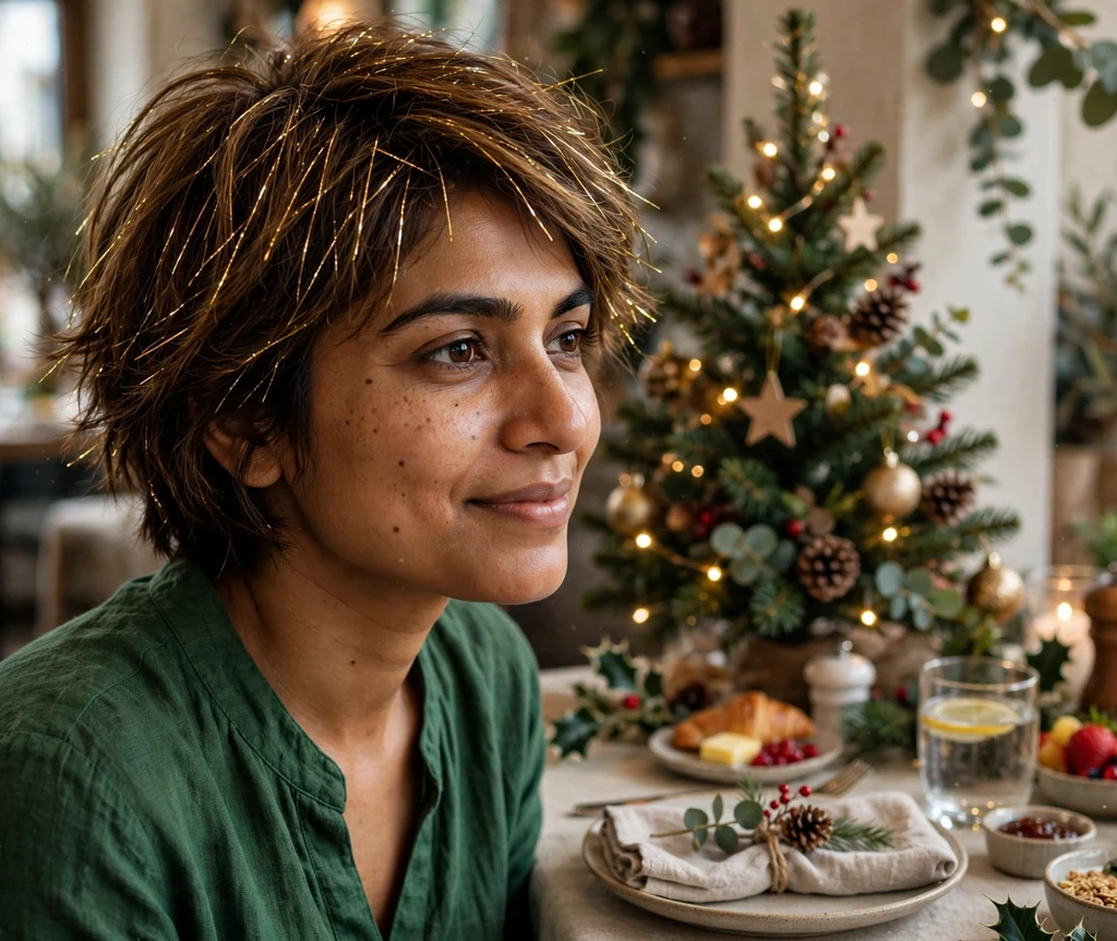 Golden-tinsel highlighted short shag at a Christmas brunch