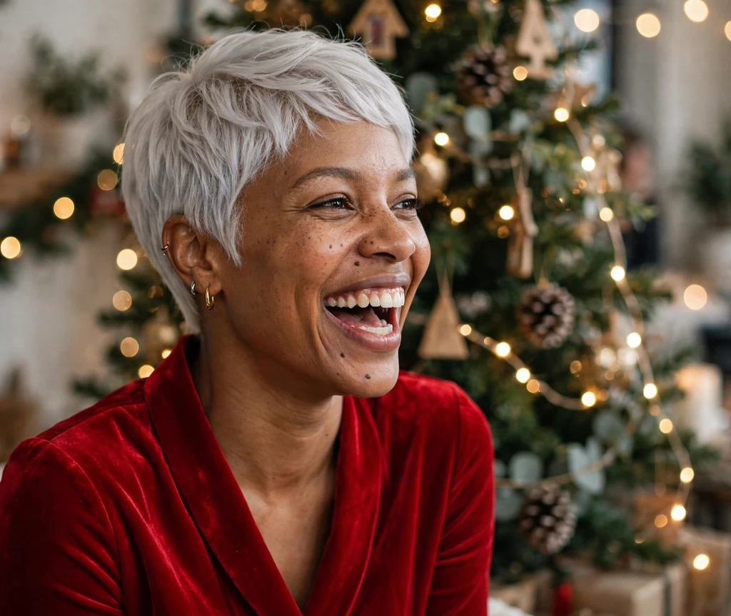 Ice-queen platinum pixie at a holiday home party