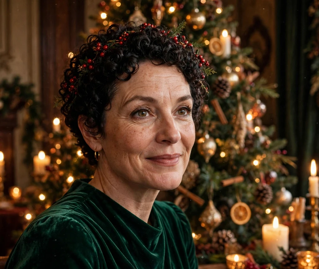 Berry-garland short natural curls at a vintage Christmas party