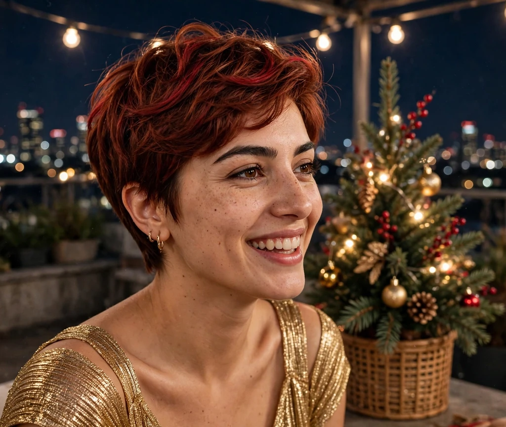 Cranberry-swirl auburn pixie at a rooftop Christmas party
