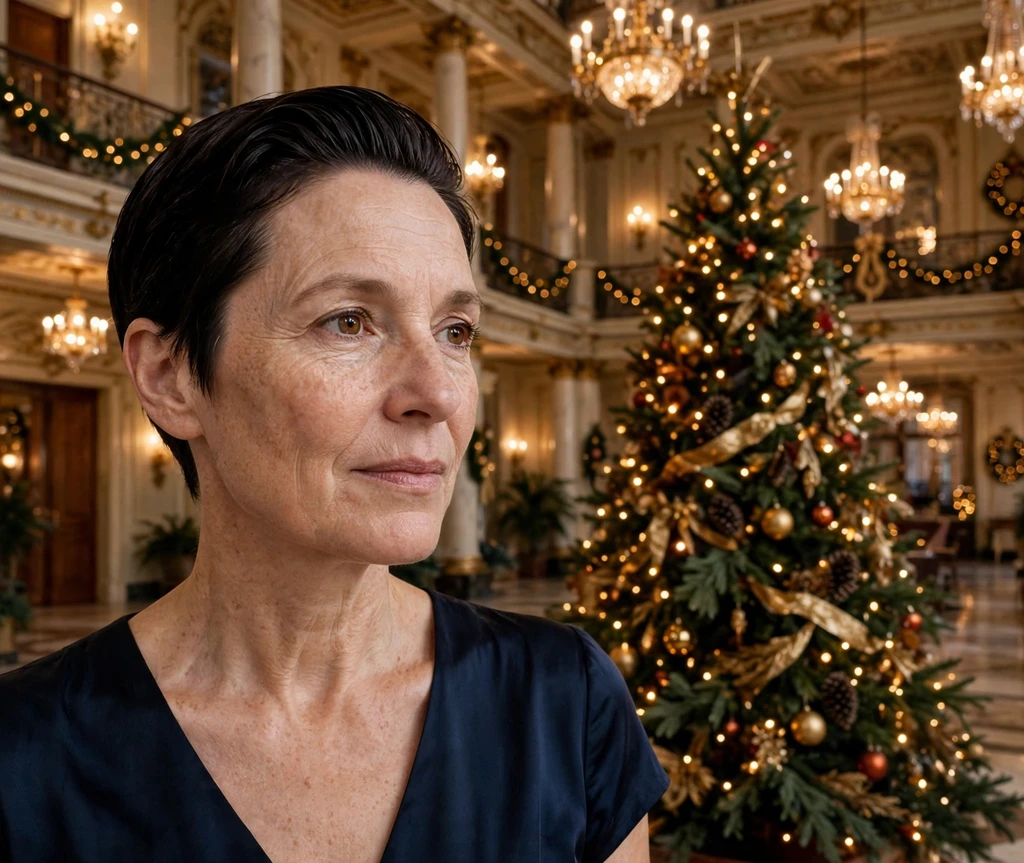 Holiday-party slicked-back pixie in a Christmas concert hall