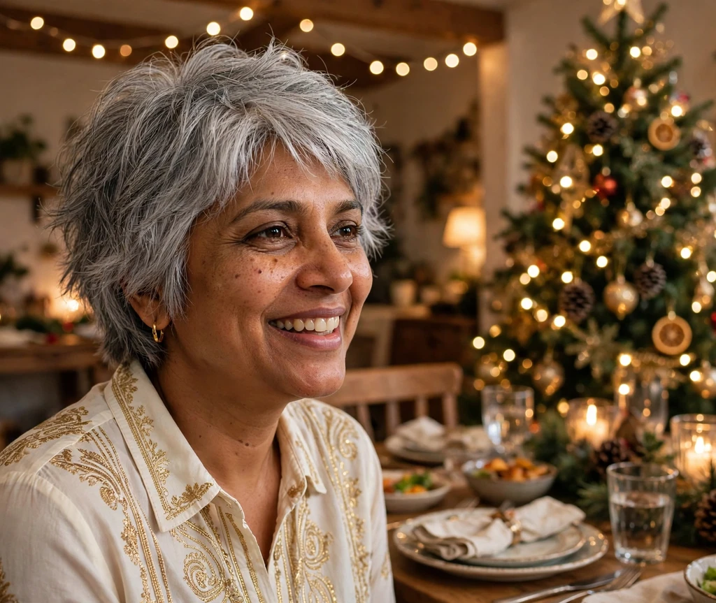 Starlight silver short shag at a family Christmas dinner