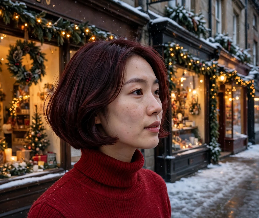Merry maroon rounded bob on a snowy Christmas street