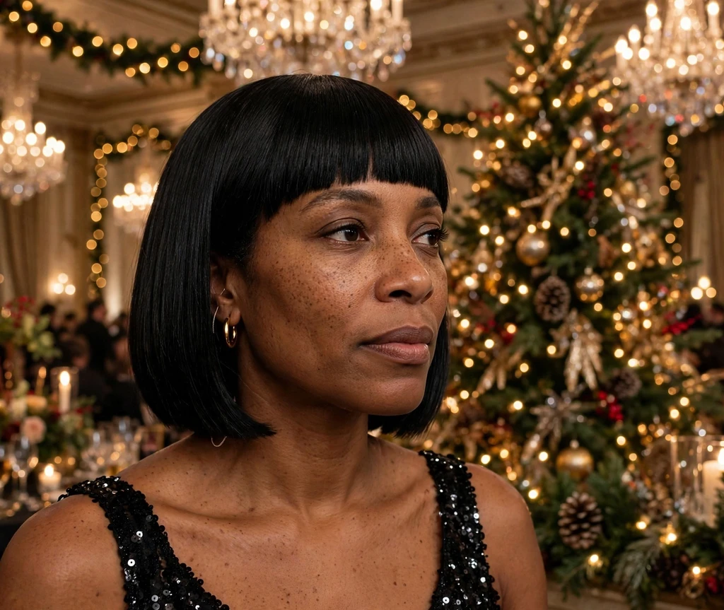 Icicle-straight blunt black bob at a Christmas gala