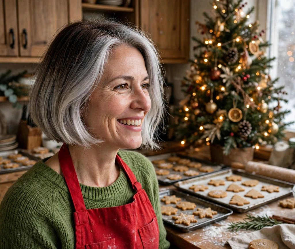 Snowfall ombre short bob while baking Christmas cookies