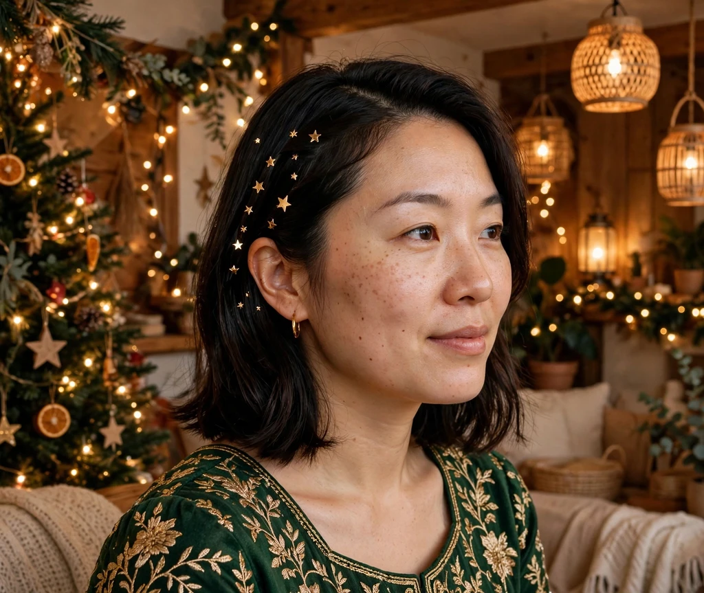 Twinkle-clip deep side-part lob in a lantern-lit Christmas home