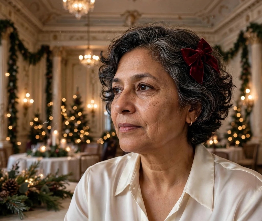 Velvet-bow short waves in a Christmas winter ballroom
