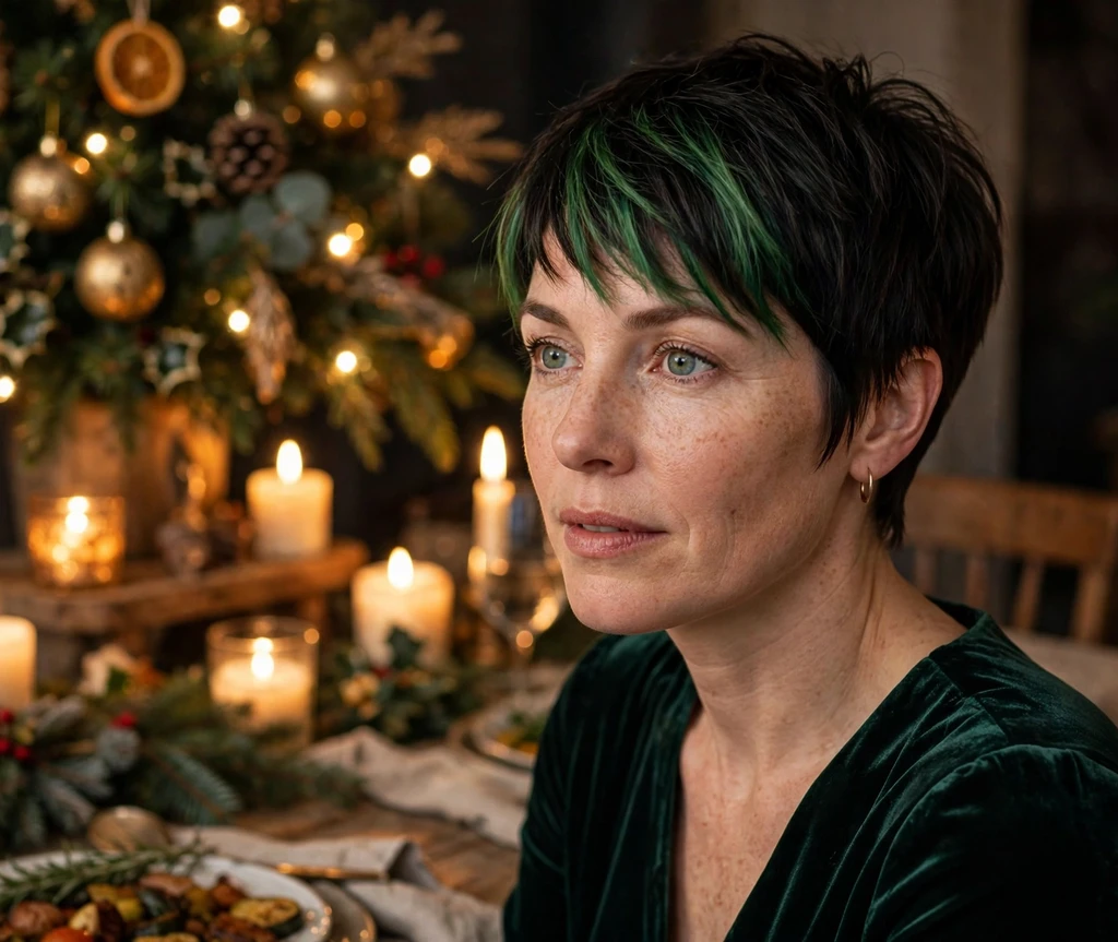 Holly-streaked festive pixie at a candlelit Christmas Eve dinner