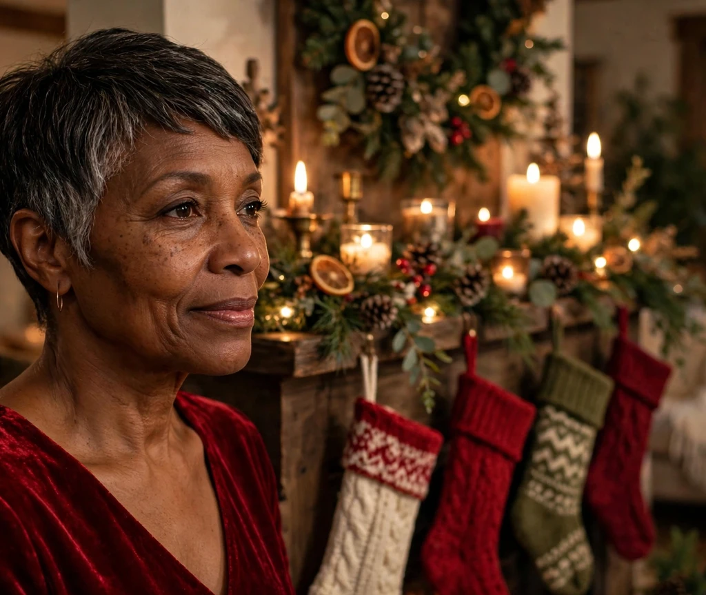 Candlelit Christmas-Eve tapered pixie with silver temples by a mantel