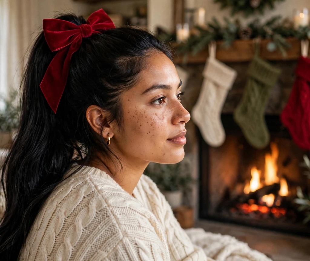 High ponytail with a large crimson red velvet bow by a fireplace
