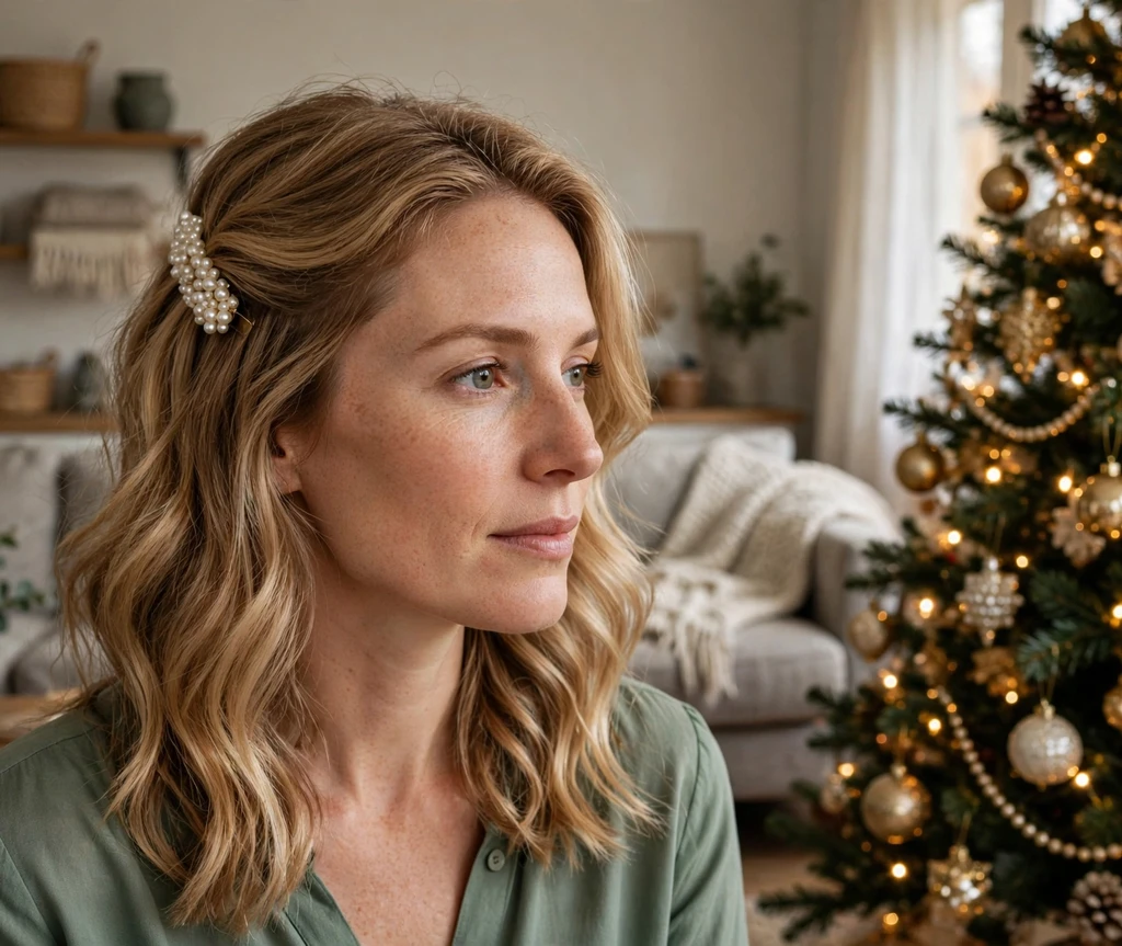 Half-up honey-blonde waves with pearl cluster clips by a Christmas tree