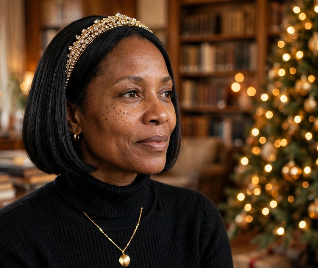 Sleek bob with a jeweled gold rhinestone headband in a warm library