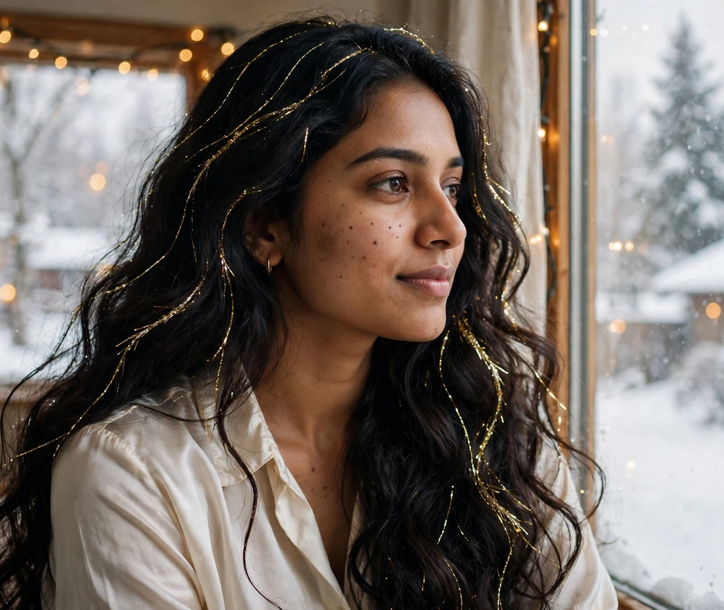 Very long dark wavy hair with gold tinsel strands by a snowy window