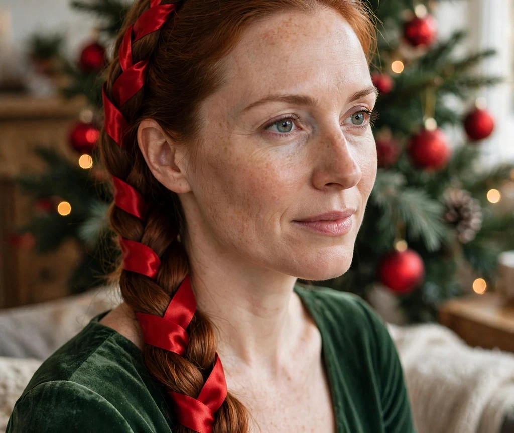 Auburn fishtail braid with red satin ribbon woven through