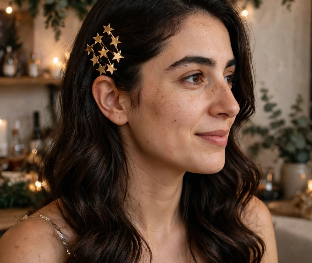 Dark glossy waves with gold star hair pins clustered above one ear