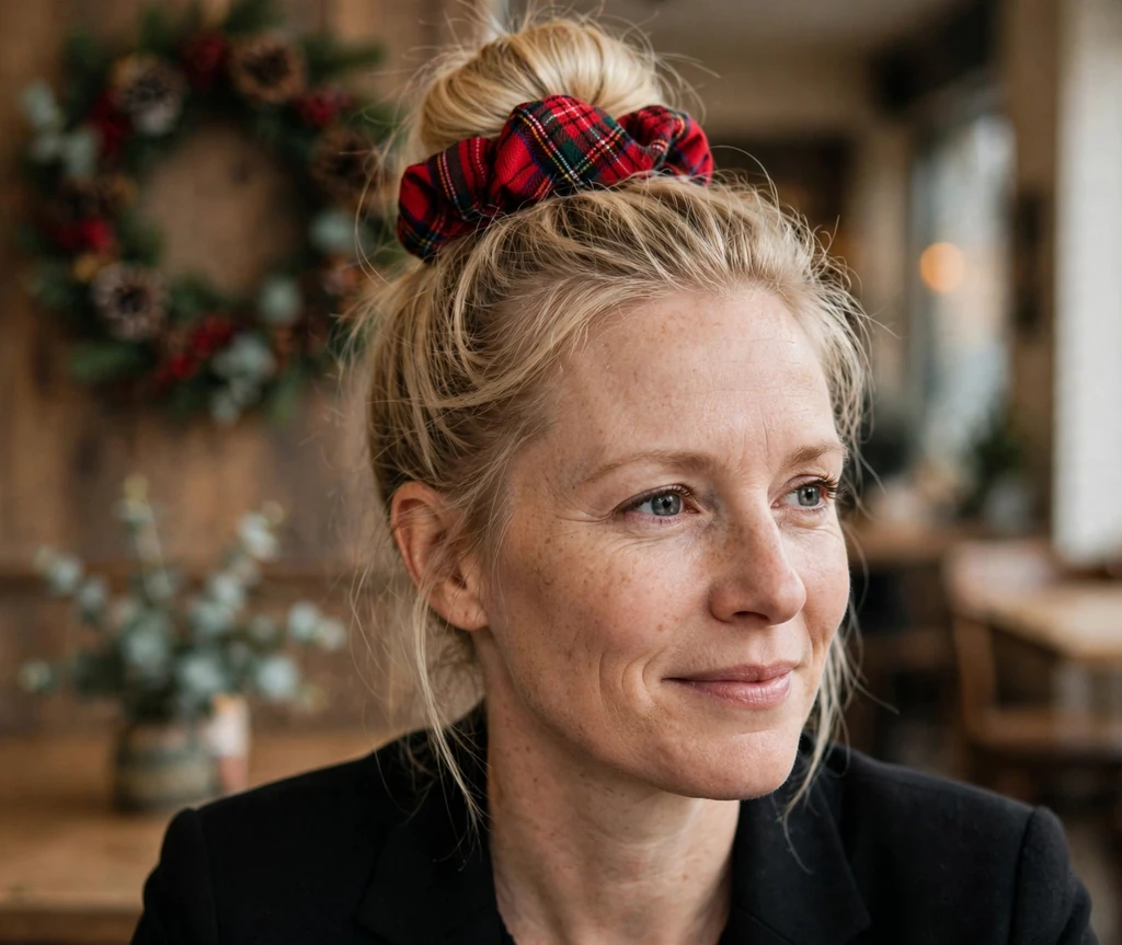 Blonde top bun wrapped with a red tartan plaid scrunchie in a cafe