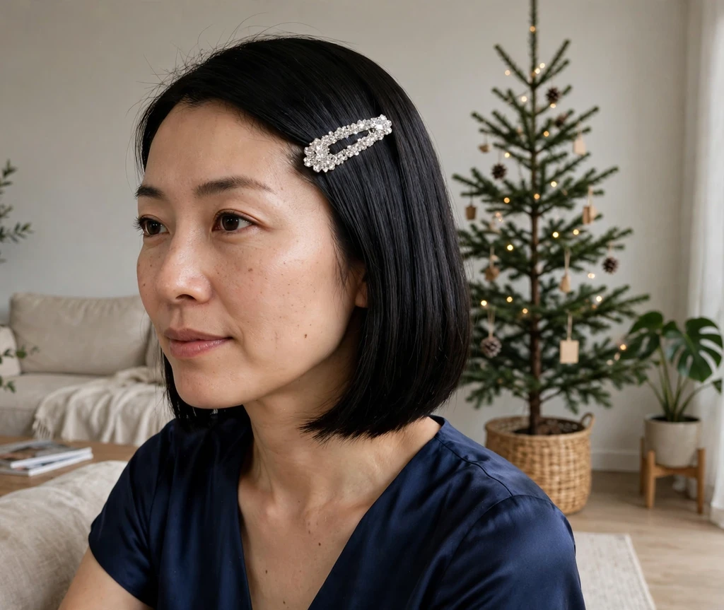 Sleek black bob with a sparkling crystal barrette on one side