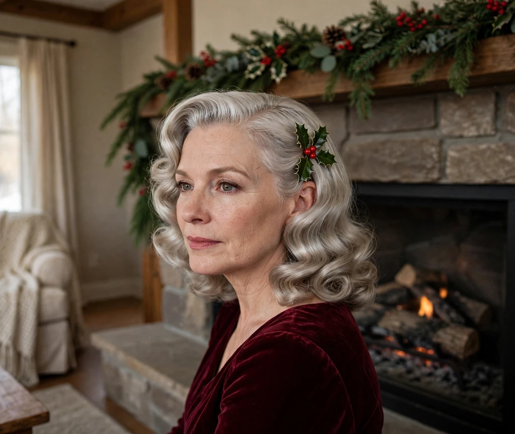 Silver-blonde old-Hollywood waves with a holly sprig pin with red berries