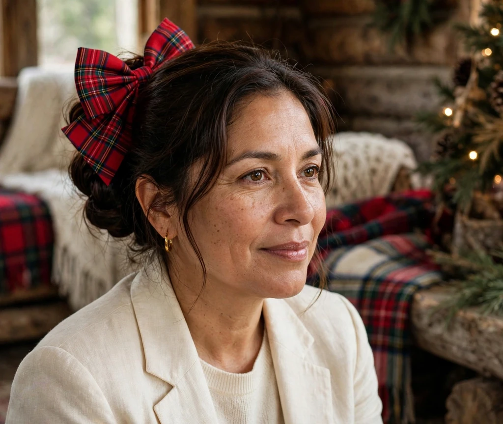 Dark brown low chignon topped with a large red tartan bow