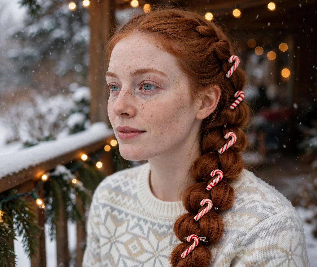 Copper-red bubble braid decorated with candy cane hair clips on a snowy porch