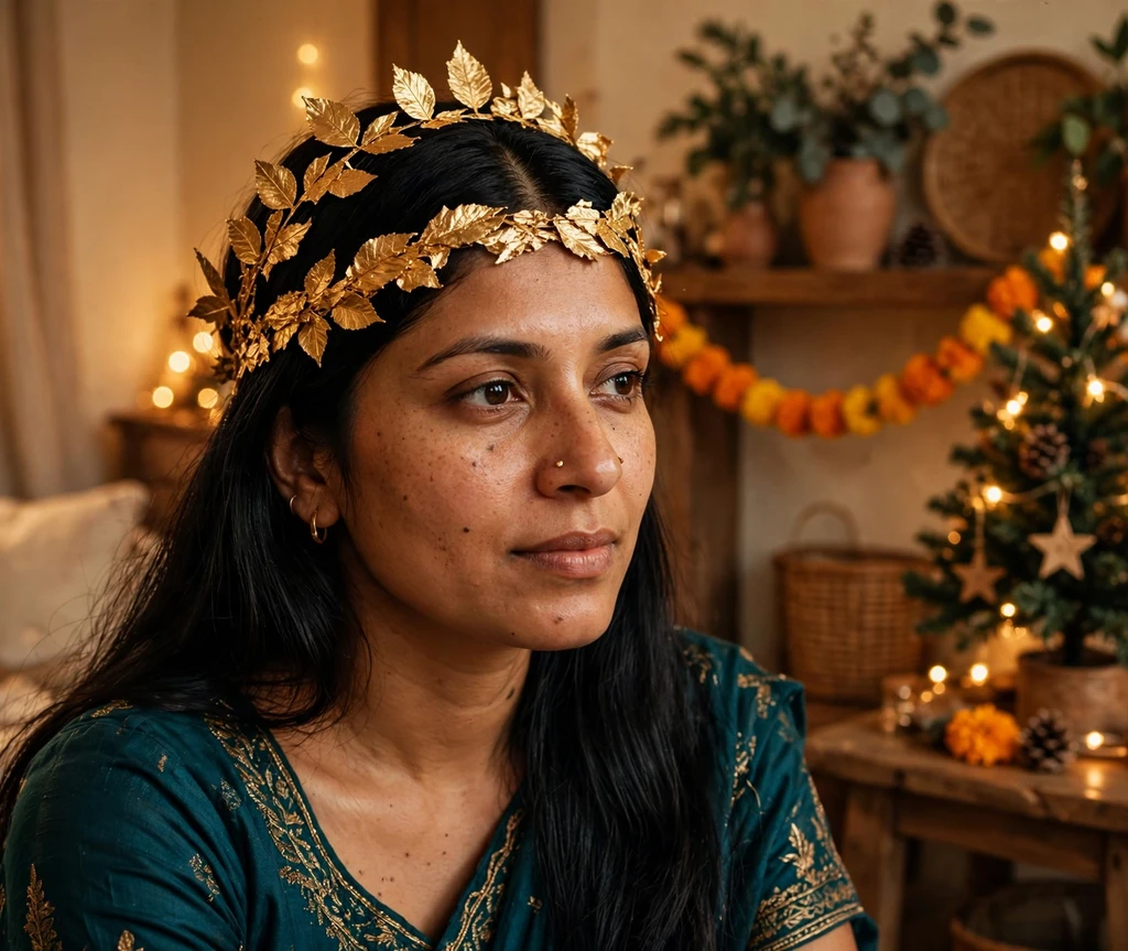 Long black hair with a gilded gold leaf headpiece in a gold-lit room