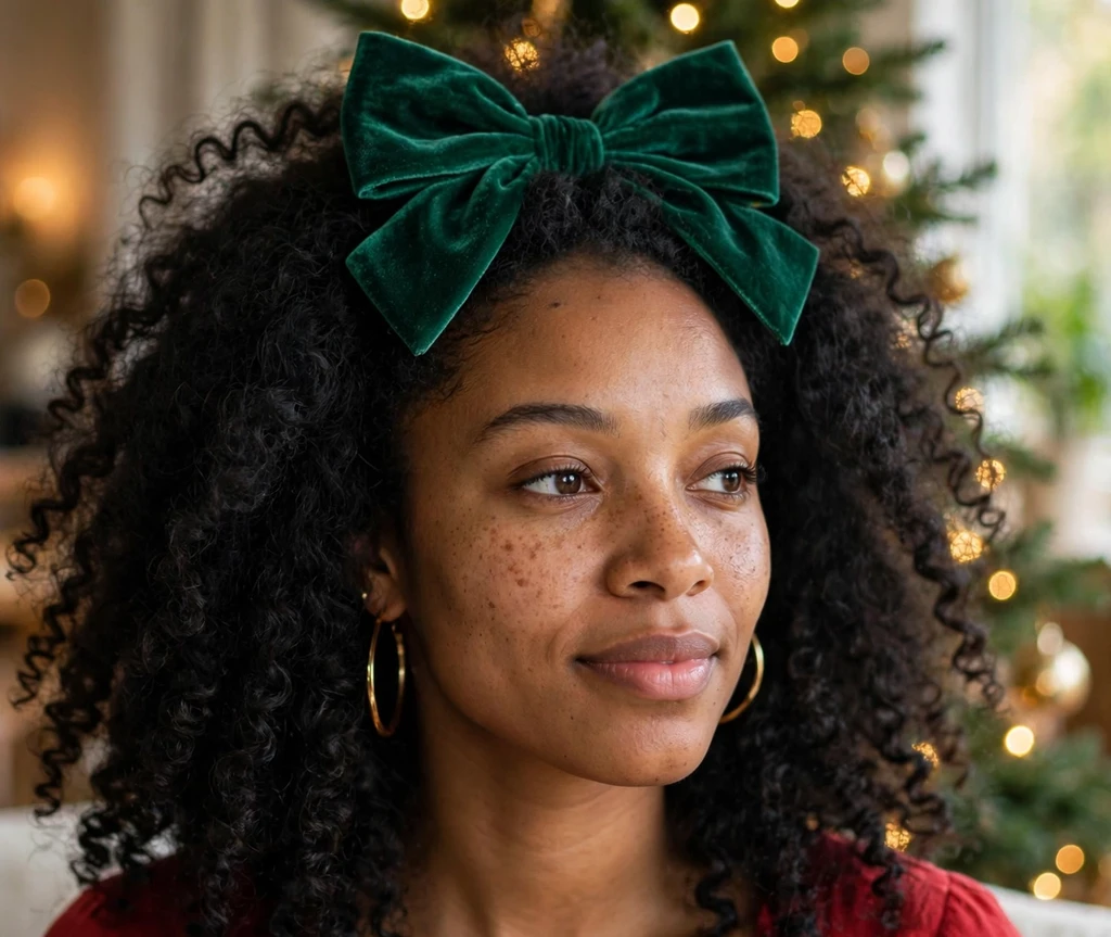 Voluminous natural curls topped with a large emerald green velvet bow