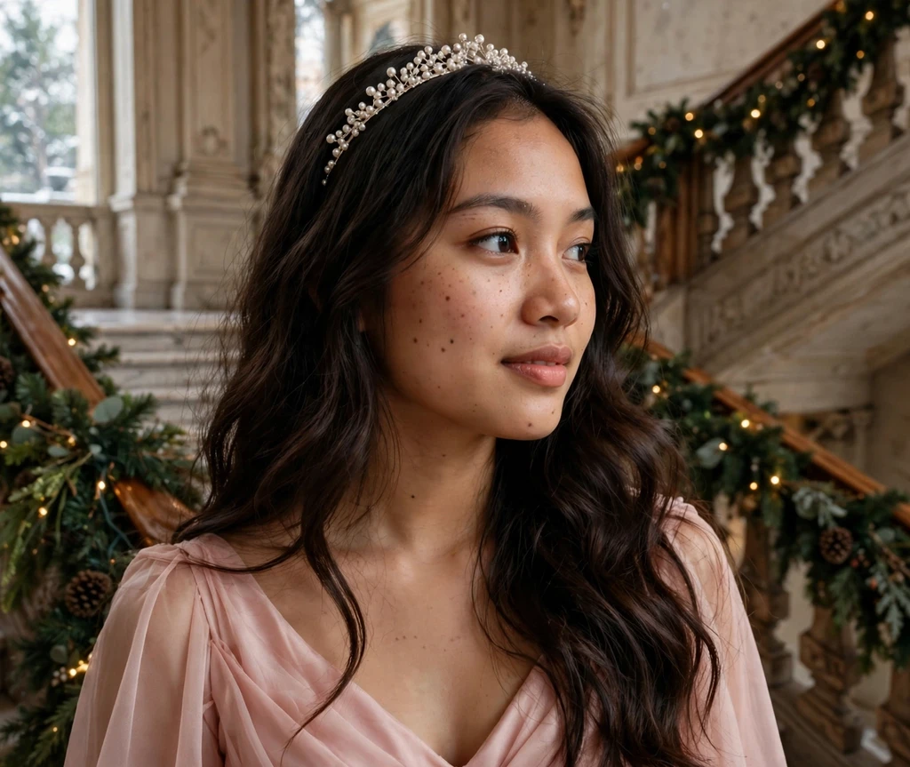 Long wavy hair with a delicate pearl tiara on a grand staircase