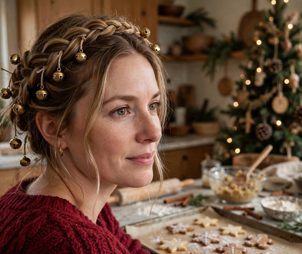 Milkmaid braided crown with tiny gold jingle bell charms in a kitchen
