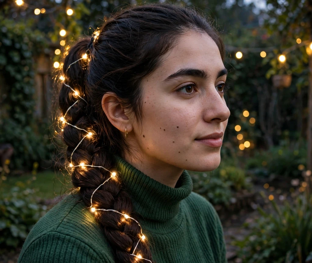 Long dark braided ponytail wrapped with twinkling warm-white fairy lights
