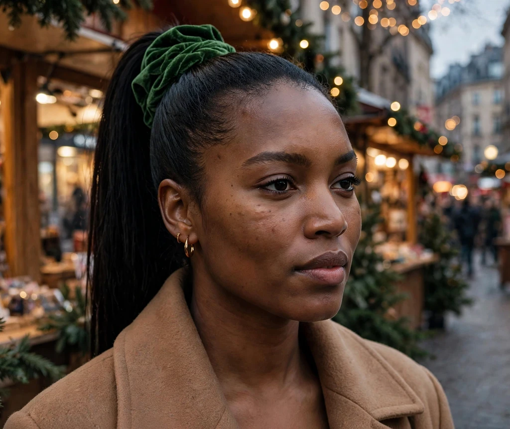 High sleek ponytail wrapped with a forest green velvet scrunchie at a Christmas market