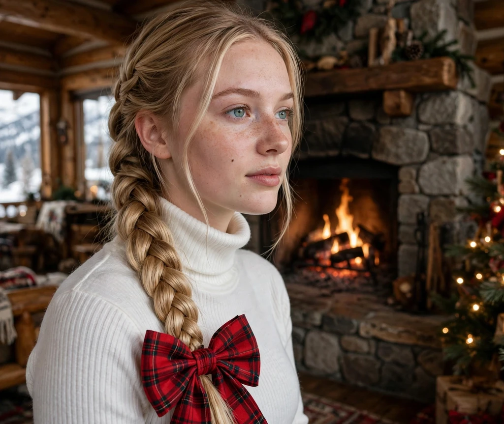 Long blonde fishtail braid finished with a red plaid bow at the end