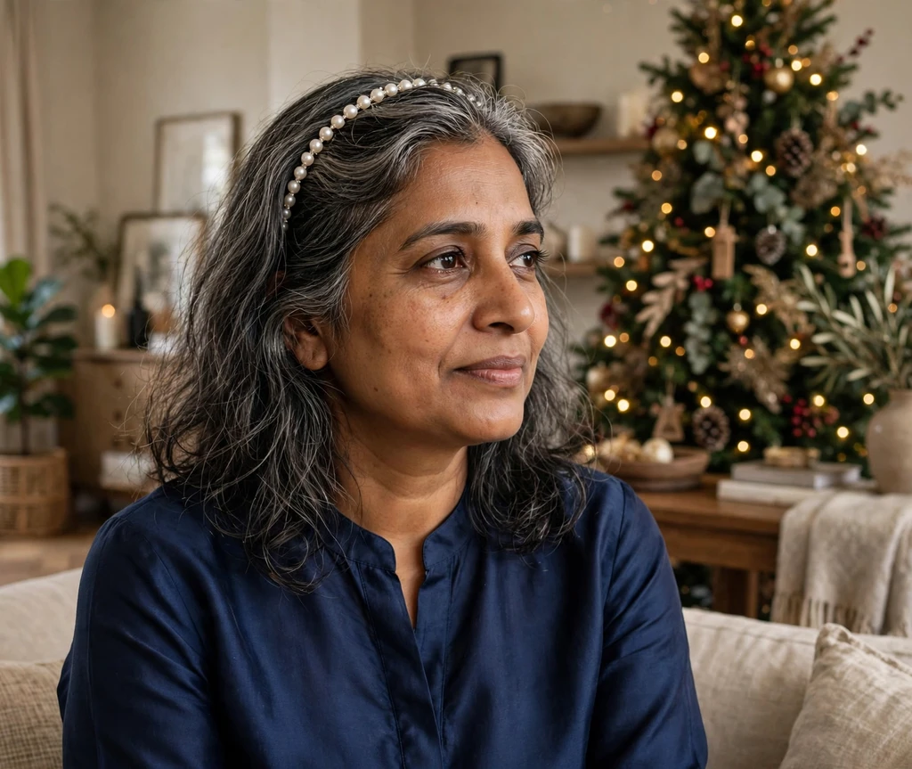 Salt-and-pepper shoulder-length hair with a pearl strand headband