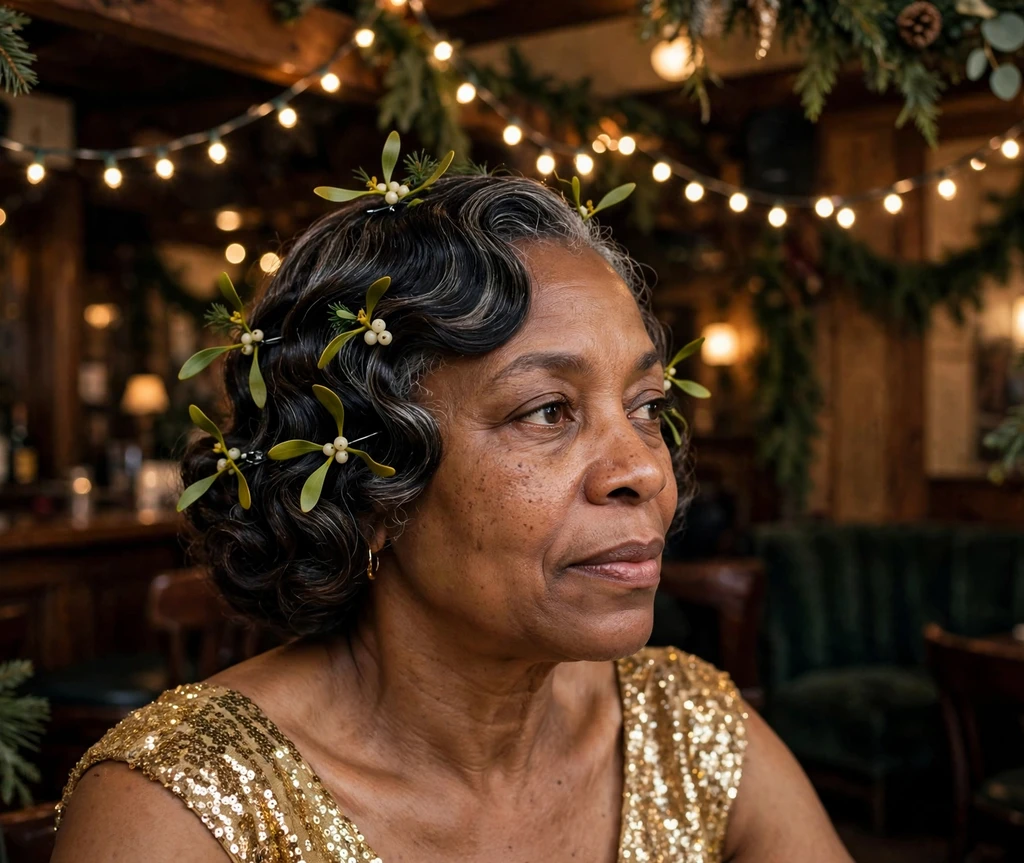 Vintage finger-wave curls adorned with mistletoe sprig hair pins