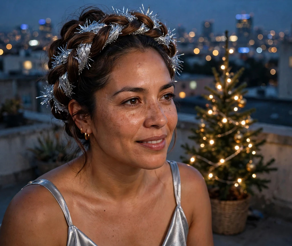 Twisted halo updo with silver tinsel woven through on a rooftop at night
