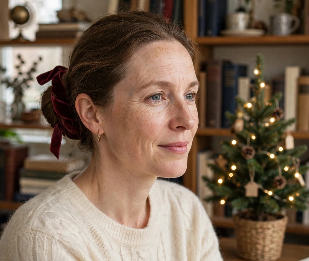 Low bun wrapped with a burgundy velvet ribbon tied in a small bow