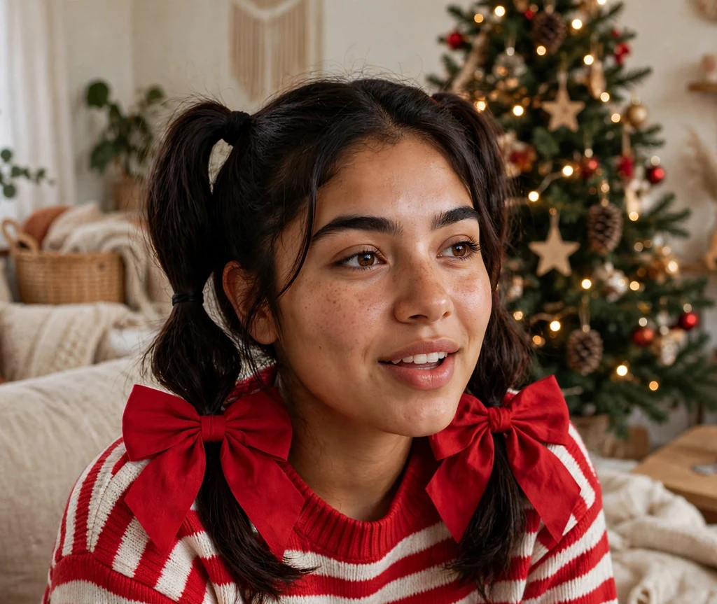 Playful pigtails each tied with a large cherry red bow