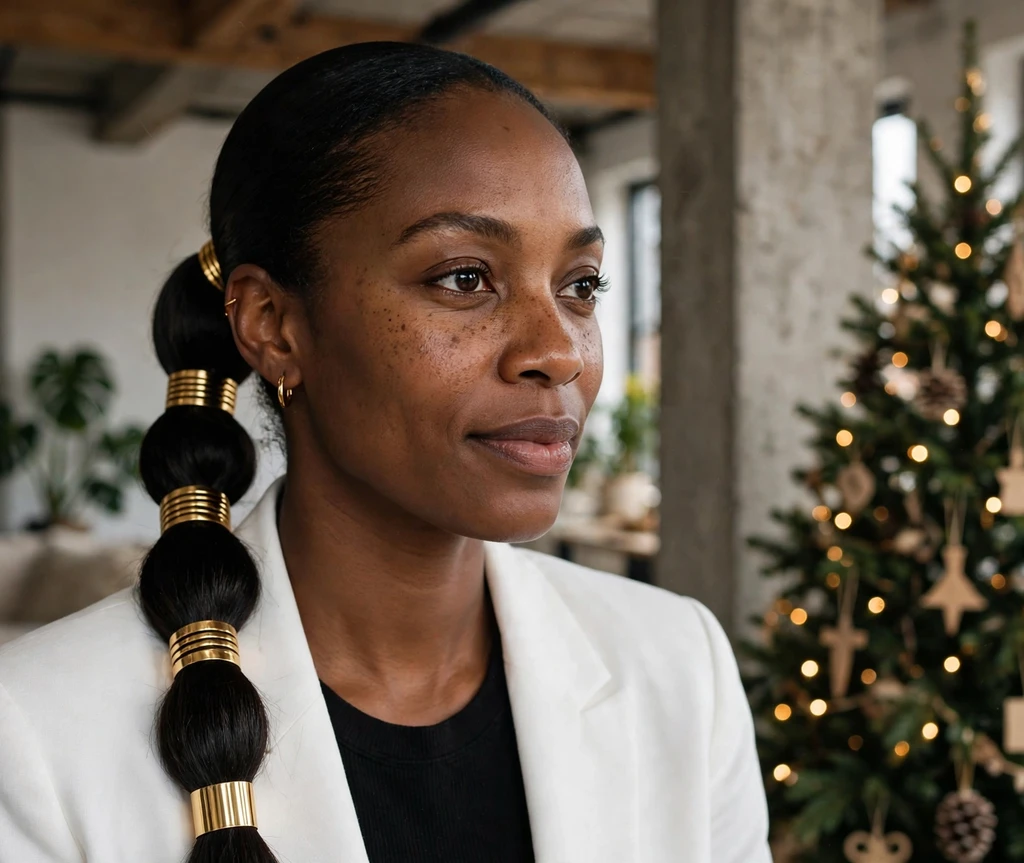Ultra-sleek low ponytail stacked with gold metal hair cuffs