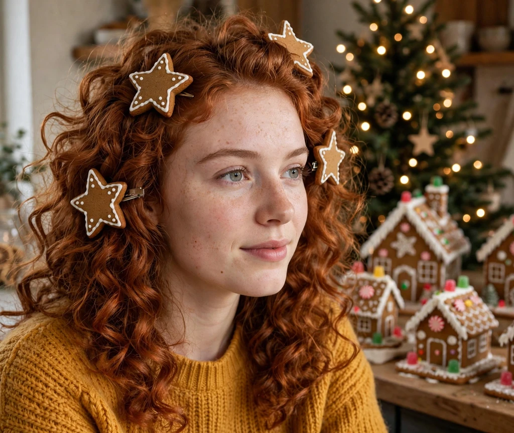 Bouncy copper curls pinned with gingerbread-cookie star shaped hair clips